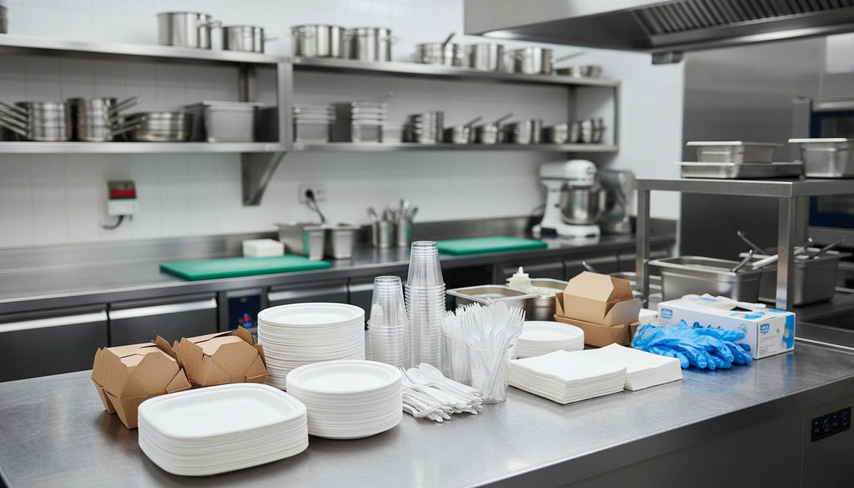 Sanitized kitchen counter with gloves and foodservice supplies