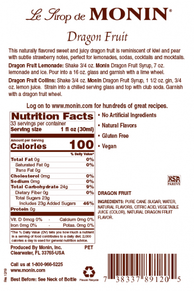 Monin Dragon Fruit Syrup - Bottle (1L)