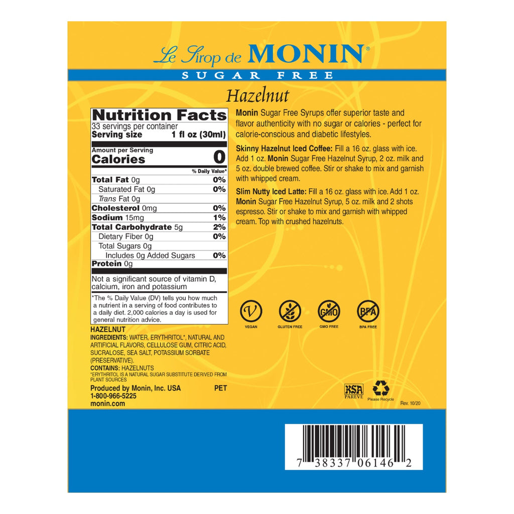 Monin Sugar Free Hazelnut Syrup - Plastic Bottle (1L)