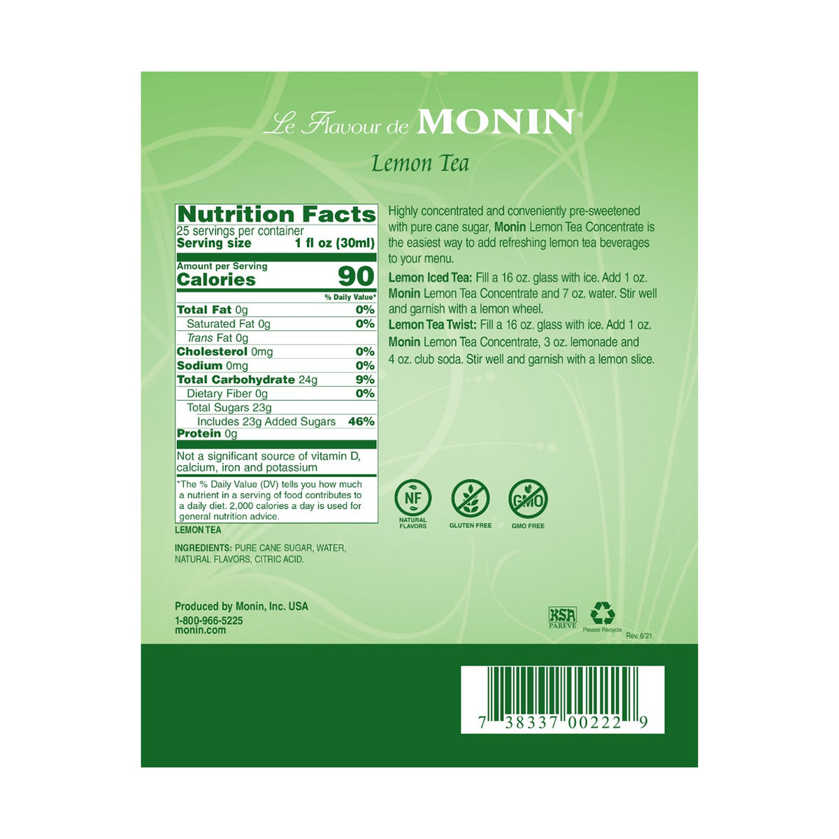 Monin Lemon Tea Concentrate Syrup - Glass Bottle (750mL)