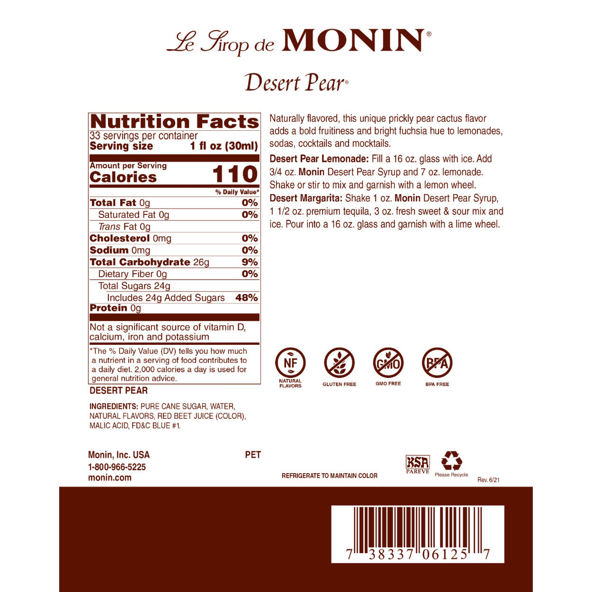 Monin Desert Pear Syrup - Bottle (1 Liter)