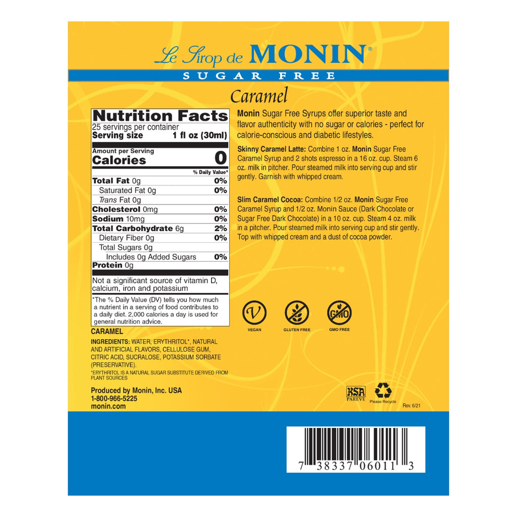 Monin Sugar Free Caramel Syrup - Bottle (750mL)