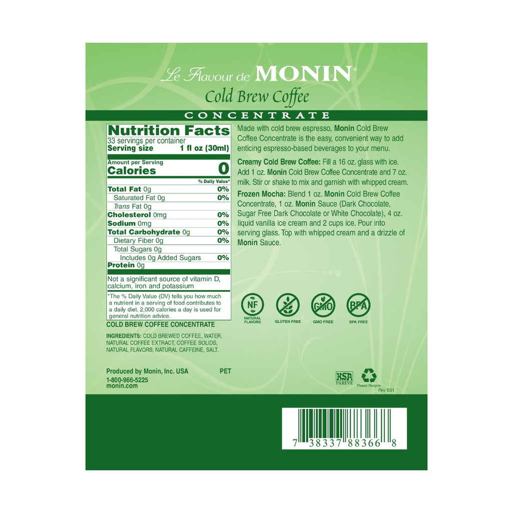 Monin True Brewed Espresso Concentrate (Unsweetened) - Plastic Bottle (1L)