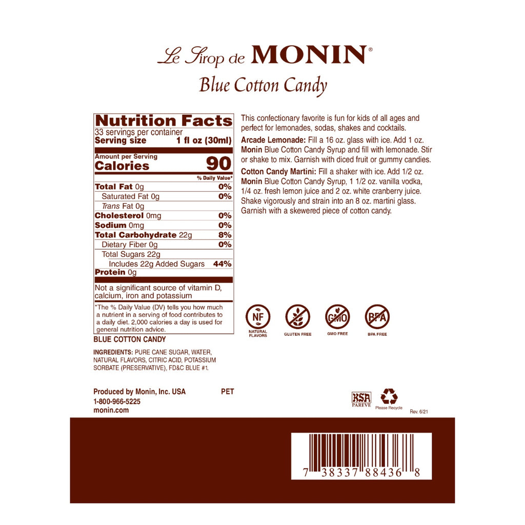 Monin Blue Cotton Candy Syrup - Bottle (1L)