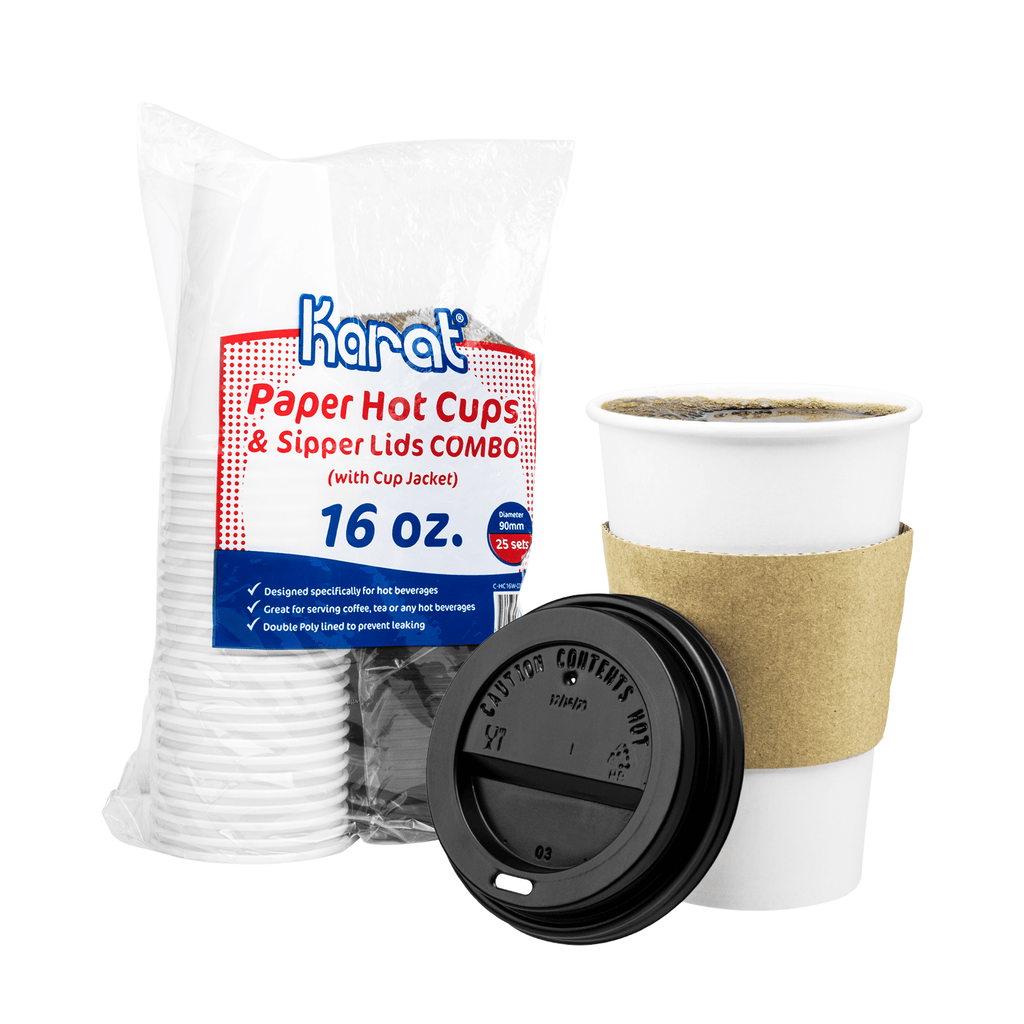 [250 sets] 16 oz White Paper Coffee Cups with Black PP Sipper Lids & Cup Jackets