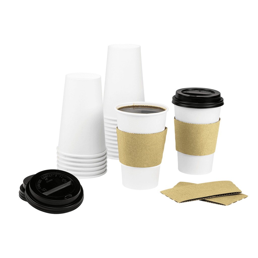 [250 sets] 16 oz White Paper Coffee Cups with Black PP Sipper Lids & Cup Jackets