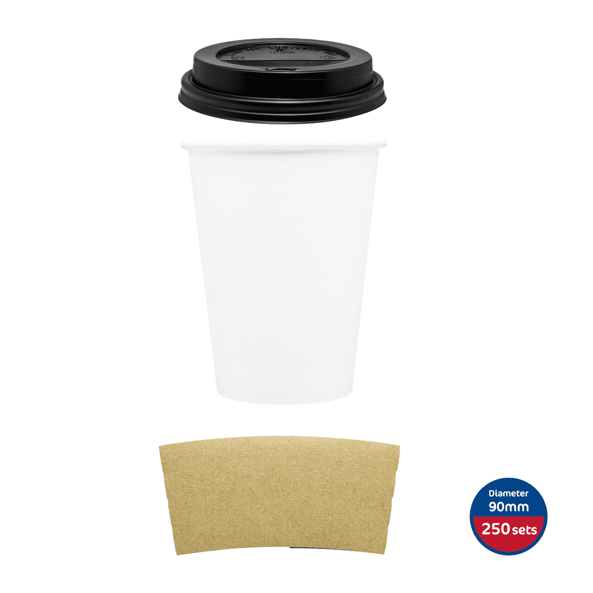 [250 sets] 16 oz White Paper Coffee Cups with Black PP Sipper Lids & Cup Jackets