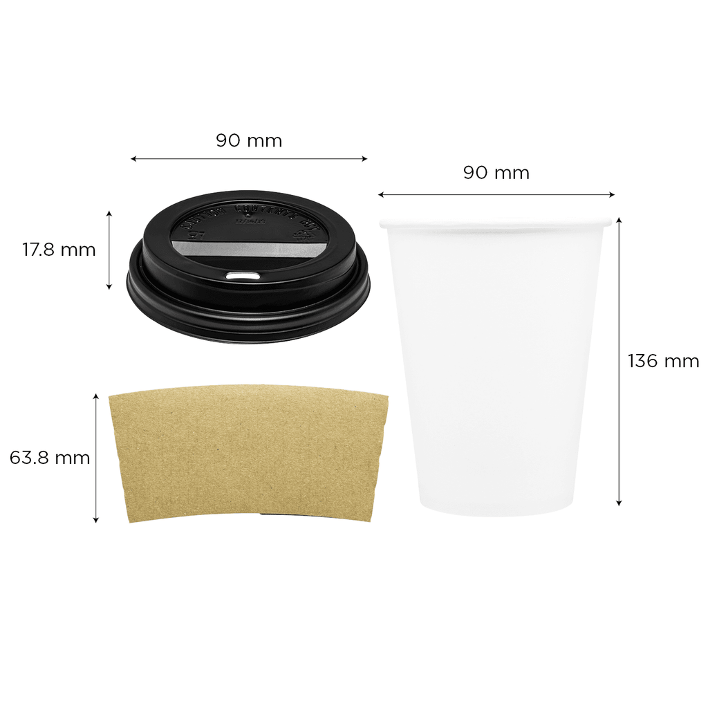 [250 sets] 16 oz White Paper Coffee Cups with Black PP Sipper Lids & Cup Jackets