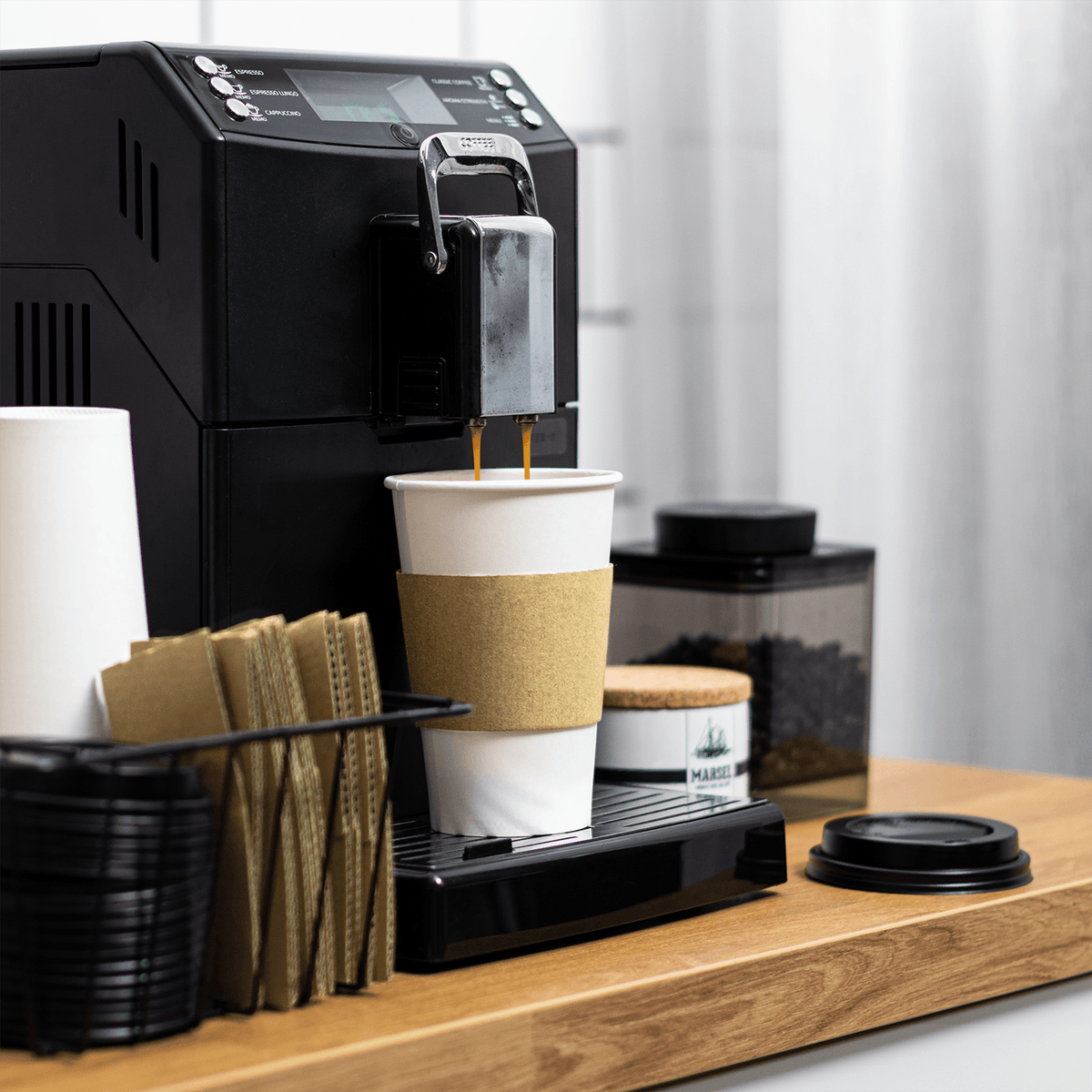 [250 sets] 16 oz White Paper Coffee Cups with Black PP Sipper Lids & Cup Jackets
