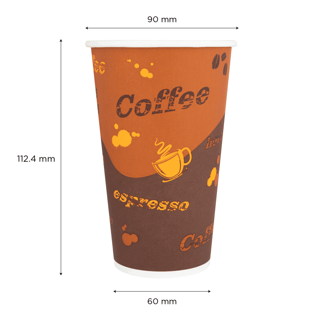 [1,000 ct] 16 oz Paper Coffee Cups | Coffee Print | 90 mm