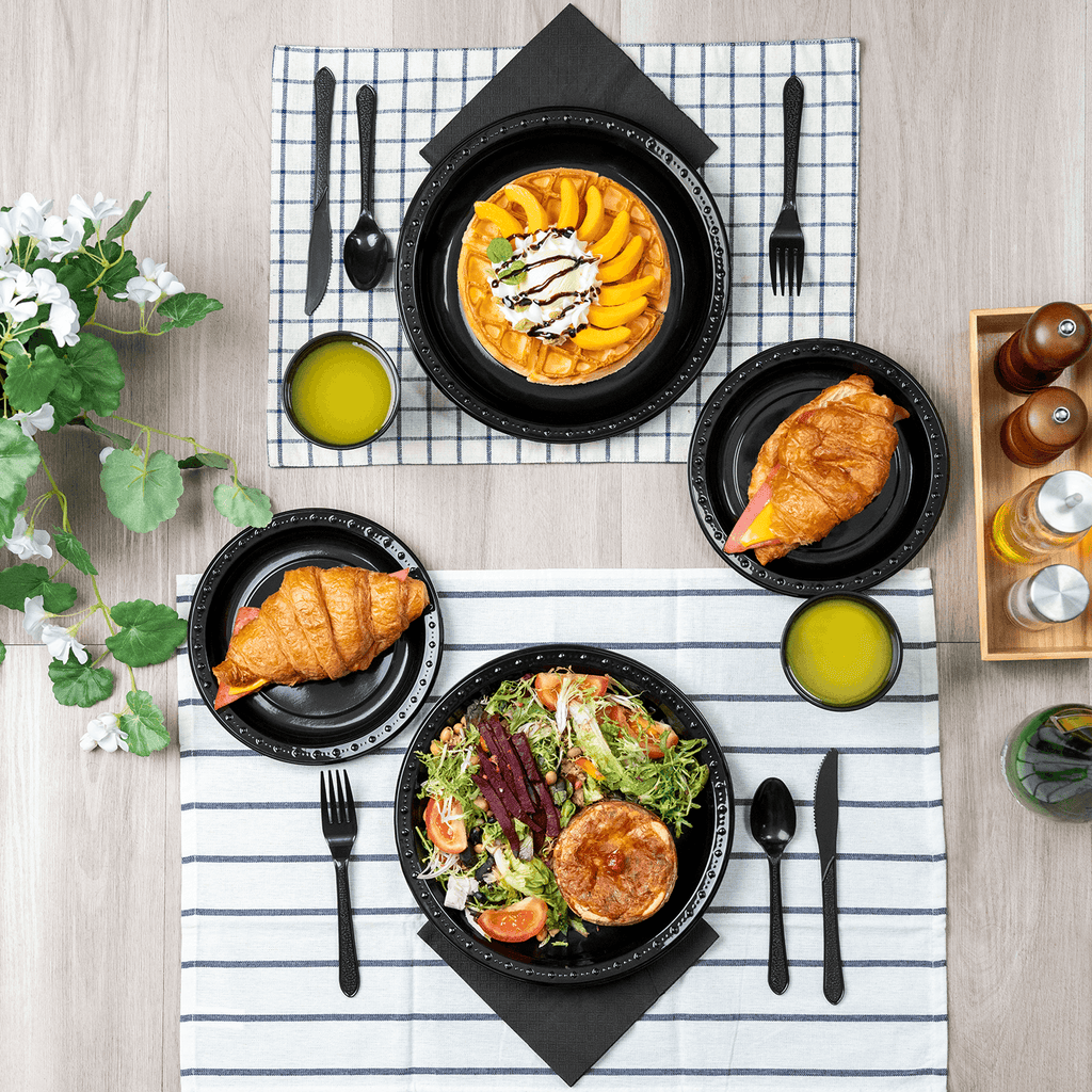 [25 sets] Black Party Dinnerware Set | Plate, Cup, Fork, Knife, Spoon, Napkin