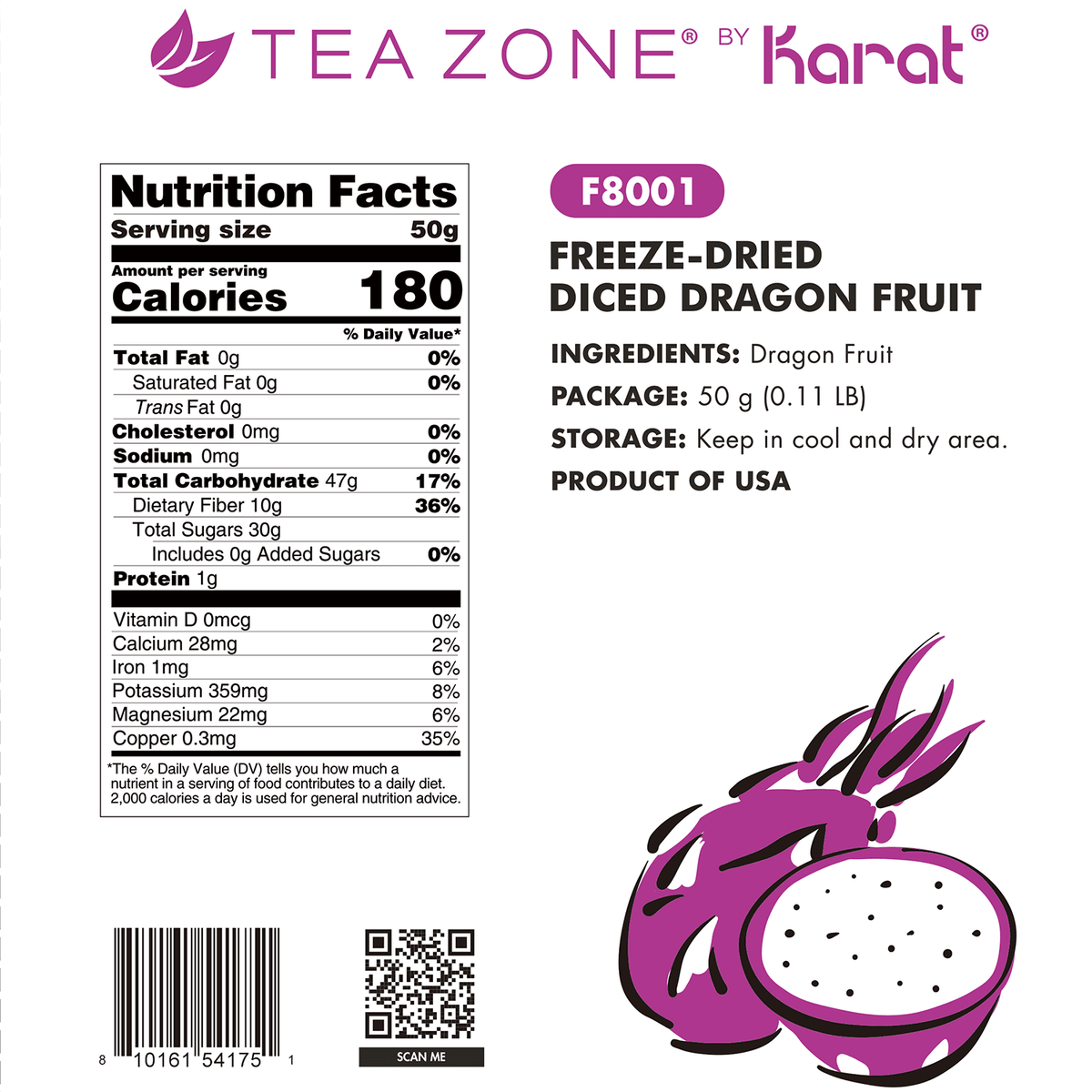 Tea Zone Freeze-Dried Dragon Fruit, Diced - Bag