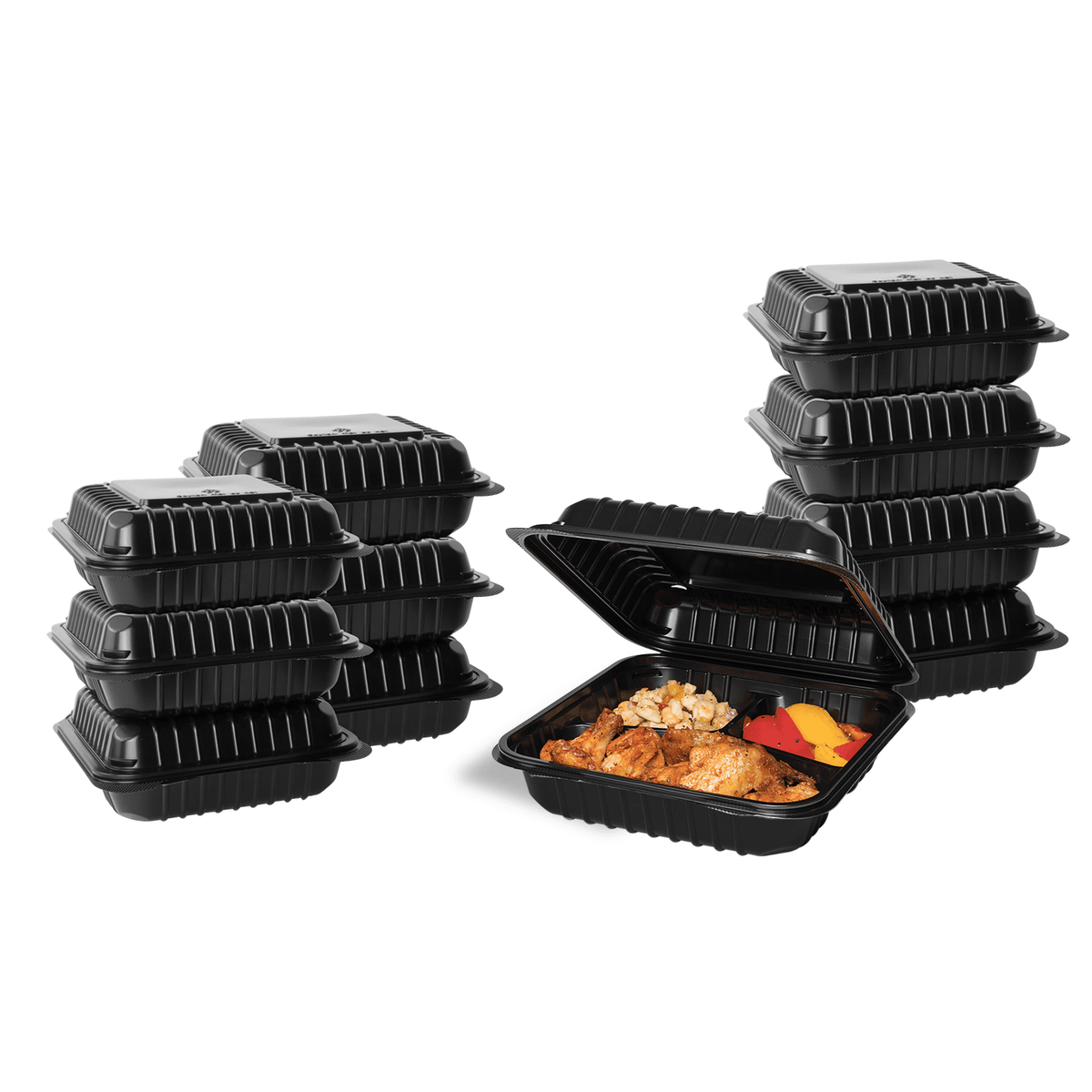 [250 ct] 8" x 8" 3-Compartment Hinged Food Containers | Black | PP