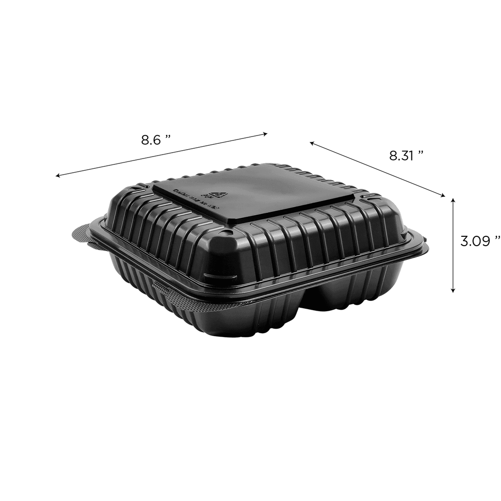 [250 ct] 8" x 8" 3-Compartment Hinged Food Containers | Black | PP