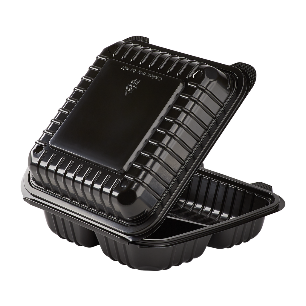 [250 ct] 8" x 8" 3-Compartment Hinged Food Containers | Black | PP