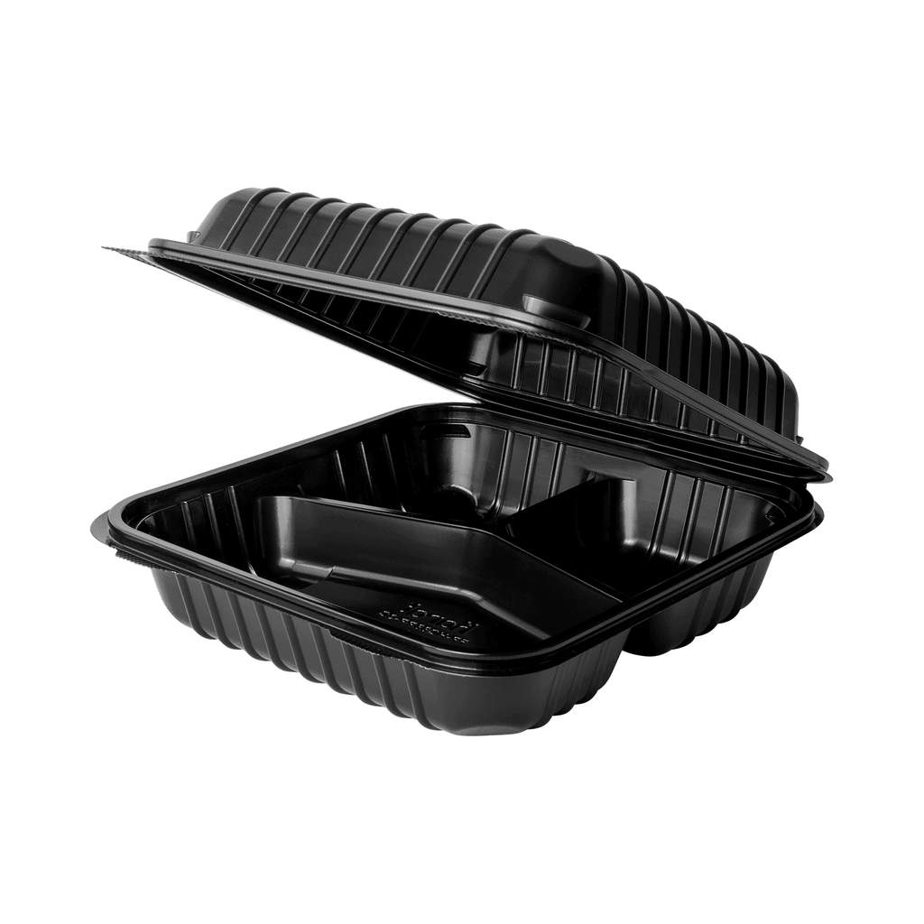 [250 ct] 8" x 8" 3-Compartment Hinged Food Containers | Black | PP