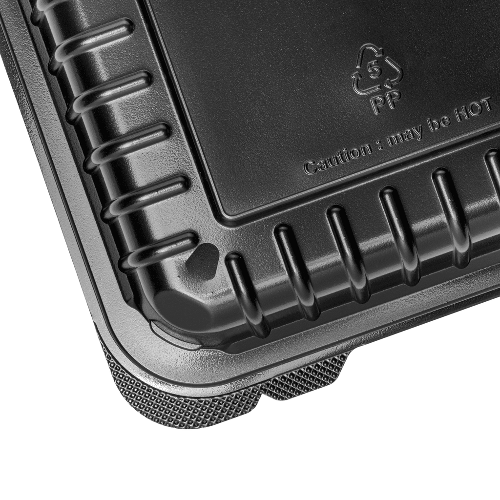 [250 ct] 8" x 8" 3-Compartment Hinged Food Containers | Black | PP