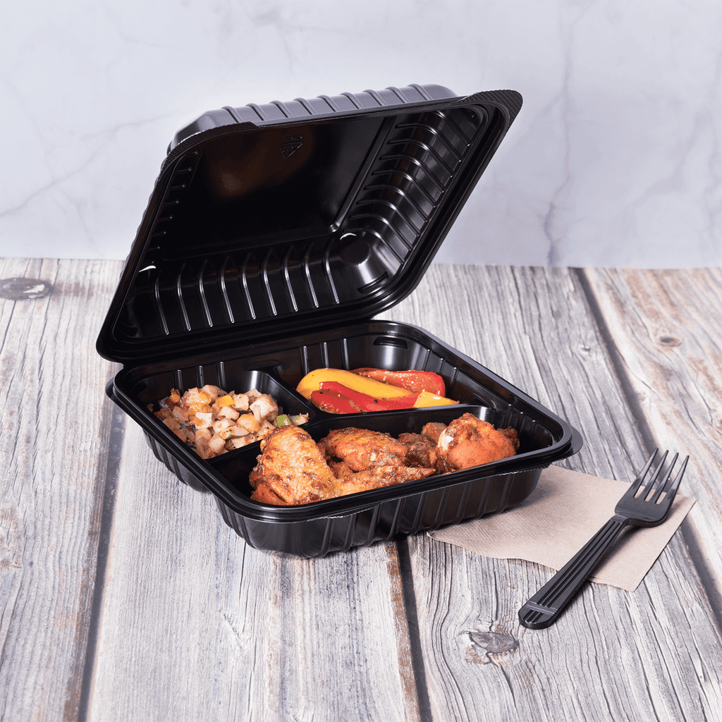 [250 ct] 8" x 8" 3-Compartment Hinged Food Containers | Black | PP