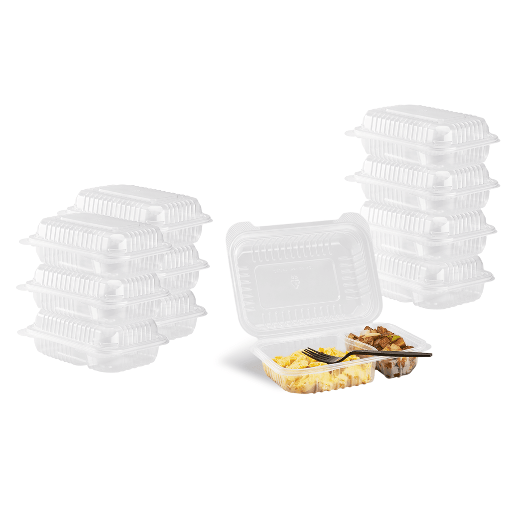 [250 ct] 9" x 6" 2-Compartment Hinged Food Containers | Clear | PP