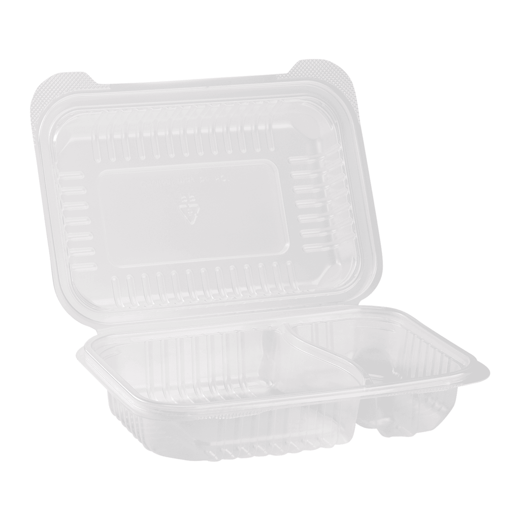 [250 ct] 9" x 6" 2-Compartment Hinged Food Containers | Clear | PP