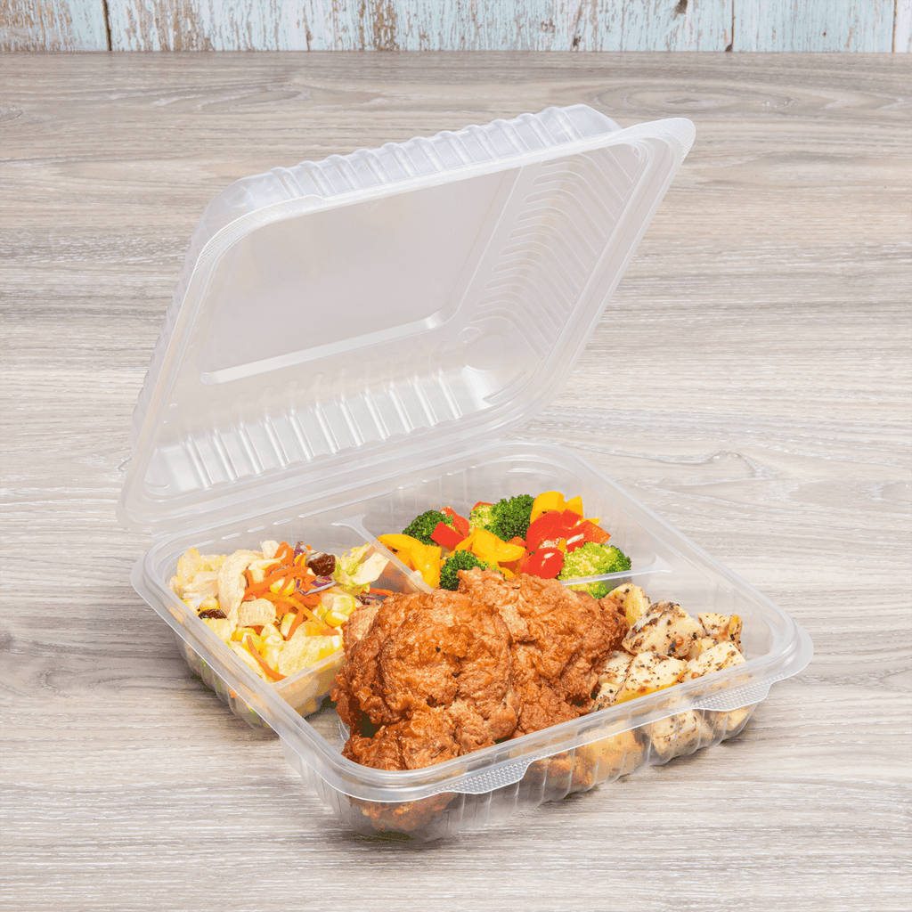 [200 ct] 9" x 9" 3-Compartment Hinged Food Containers | Clear | PP