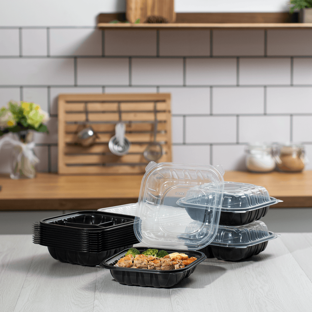 [150 ct] 8" x 8" 3-Comparment Premium PP Hinged Container