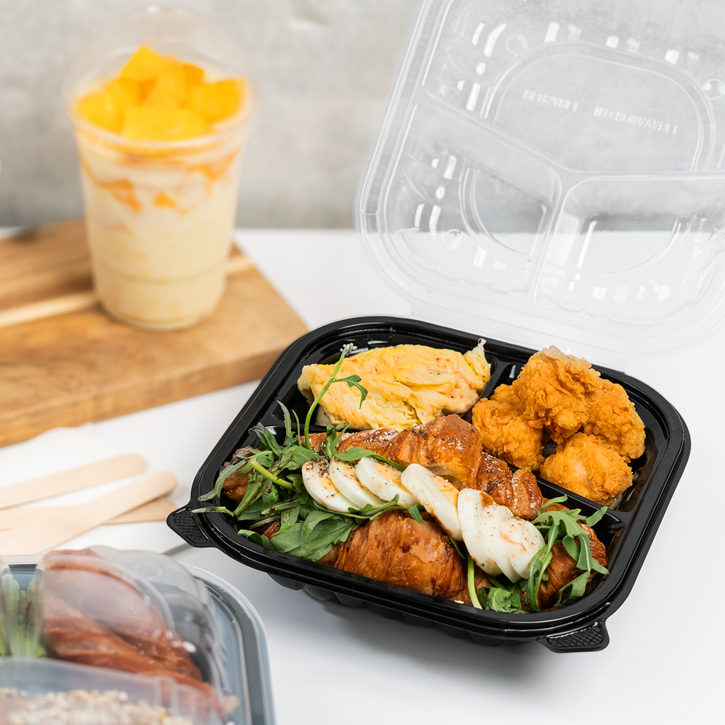 [150 ct] 8" x 8" 3-Comparment Premium PP Hinged Container with Segmented Lid