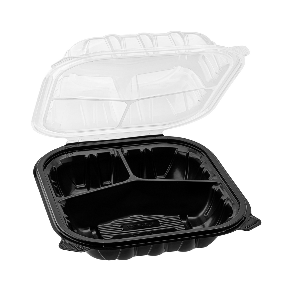 [150 ct] 8" x 8" 3-Comparment Premium PP Hinged Container with Segmented Lid