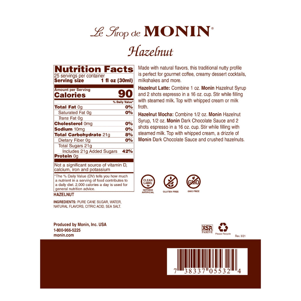 Monin Hazelnut Syrup - Bottle (750mL)