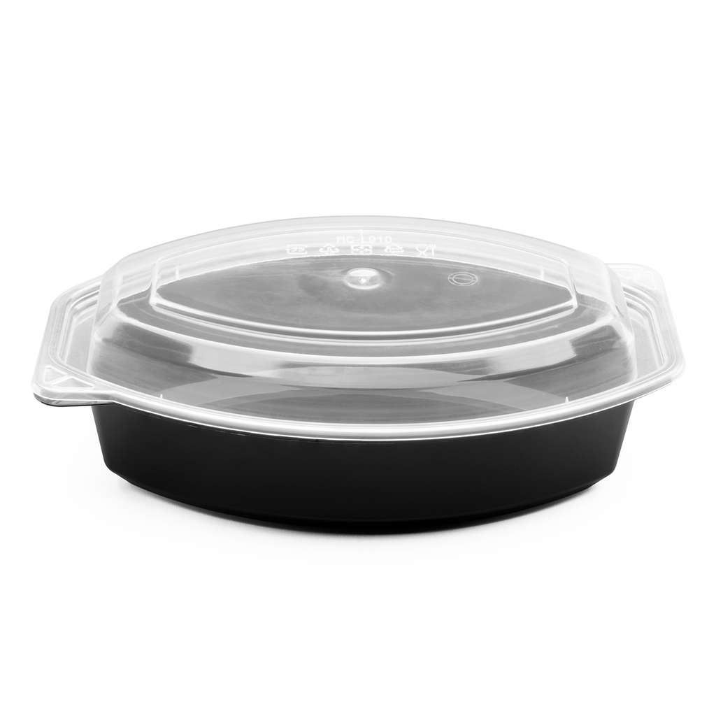 [150 sets] 24 oz PP Microwaveable Oval Food Container with Clear Lid, Black