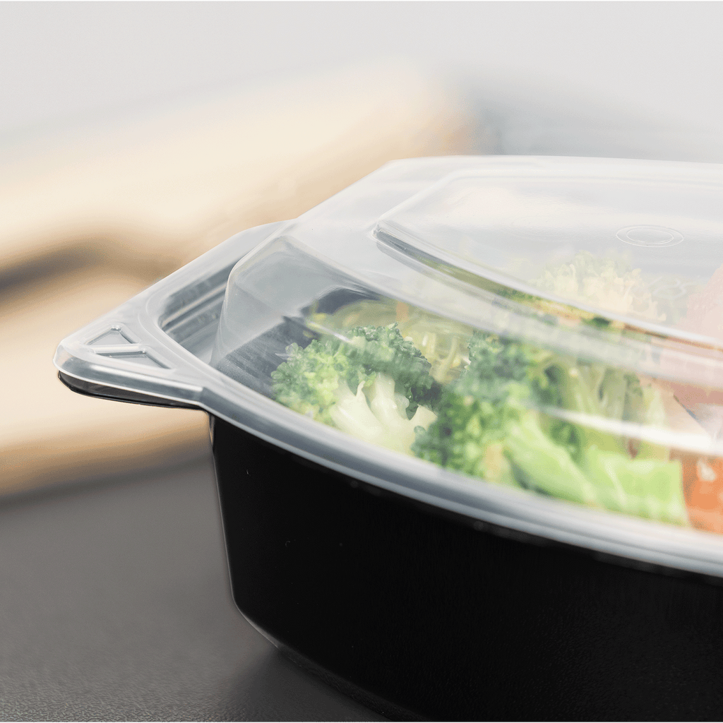 [150 sets] 24 oz PP Microwaveable Oval Food Container with Clear Lid, Black