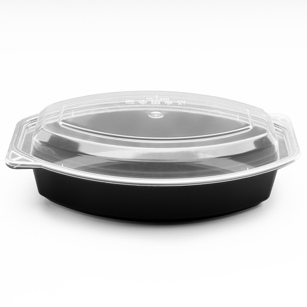 [150 sets] 32 oz PP Microwaveable Oval Food Container with Clear Lid, Black