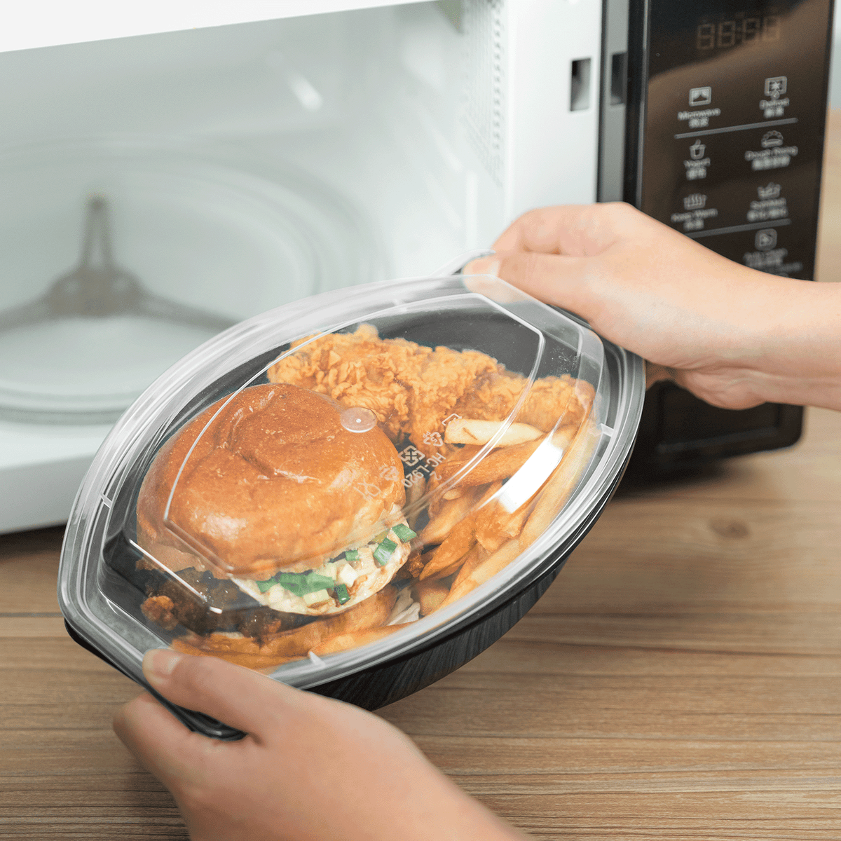 [150 sets] 32 oz PP Microwaveable Oval Food Container with Clear Lid, Black