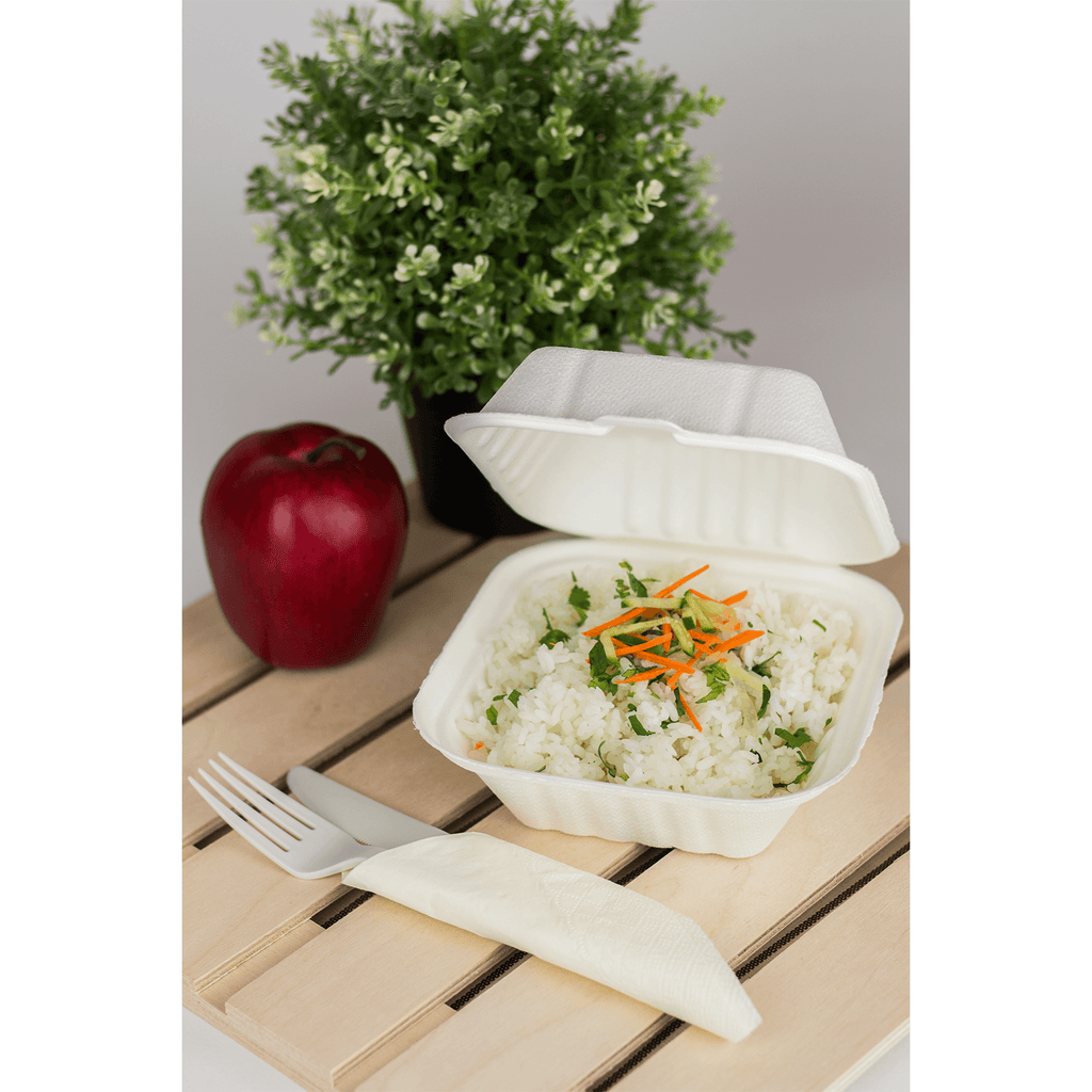 Karat Earth 6''x6'' Molded Fiber Hinged Containers, PFAS Free, White - 500 pcs