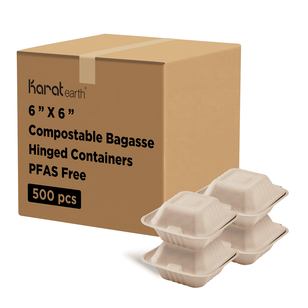 Karat Earth 6''x6'' Molded Fiber Hinged Containers, PFAS Free, Natural - 500 pcs