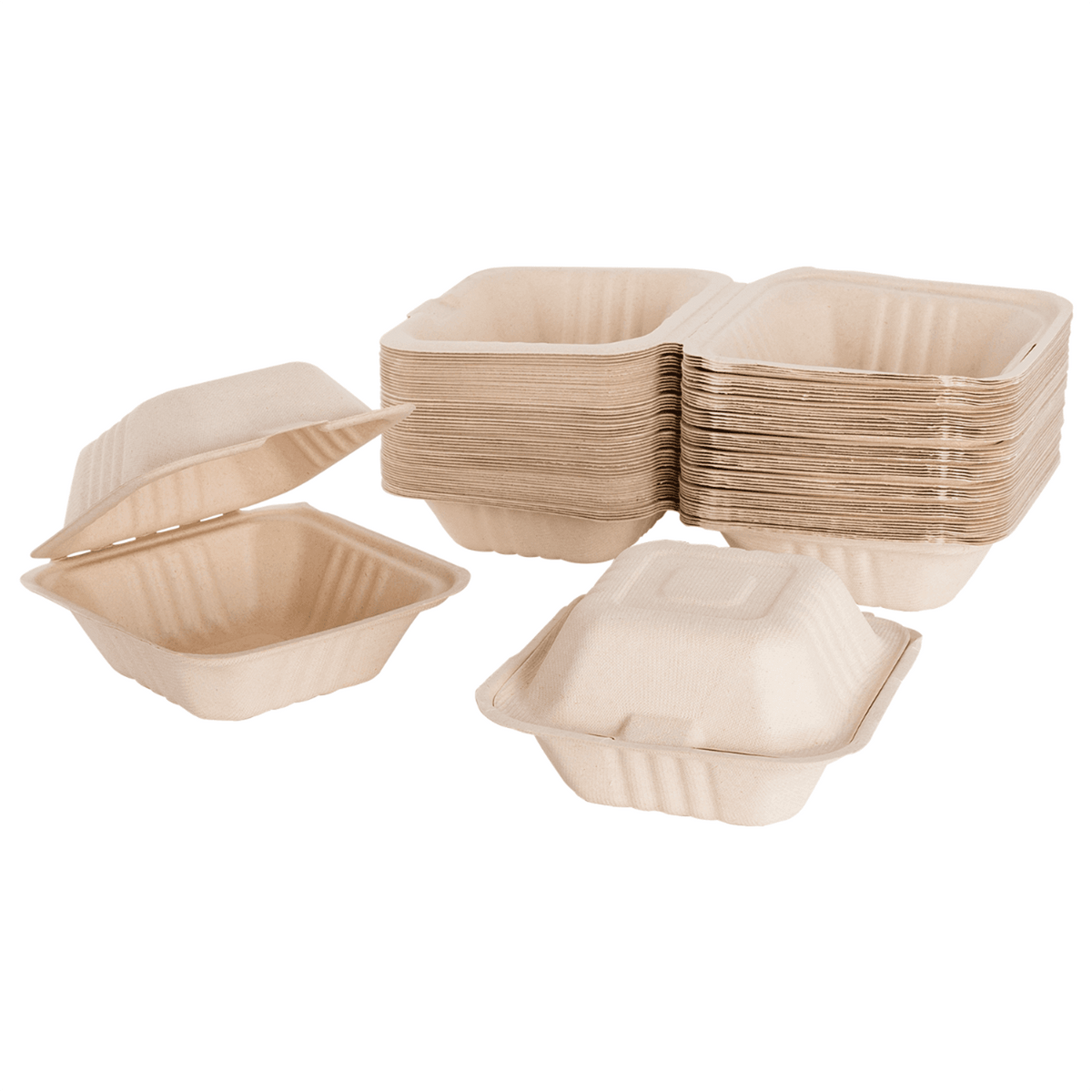 Karat Earth 6''x6'' Molded Fiber Hinged Containers, PFAS Free, Natural - 500 pcs
