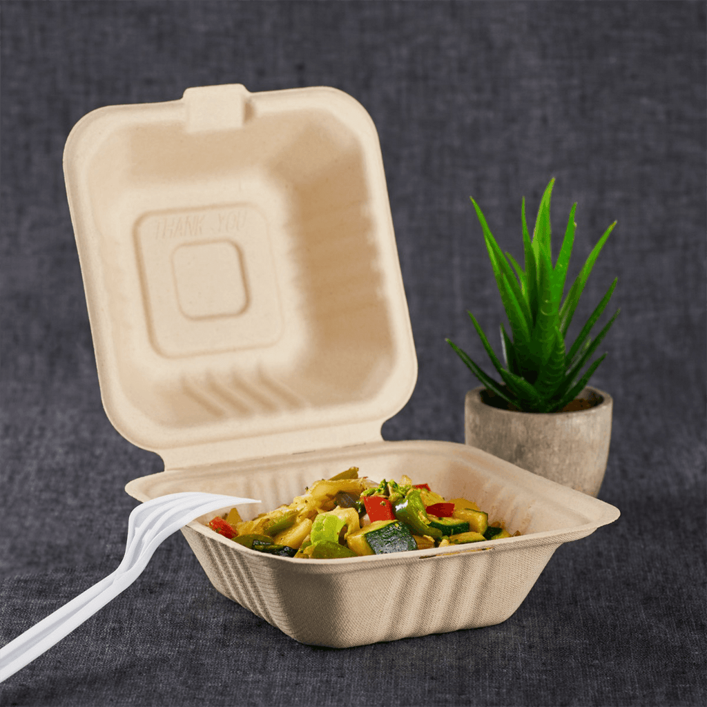 Karat Earth 6''x6'' Molded Fiber Hinged Containers, PFAS Free, Natural - 500 pcs