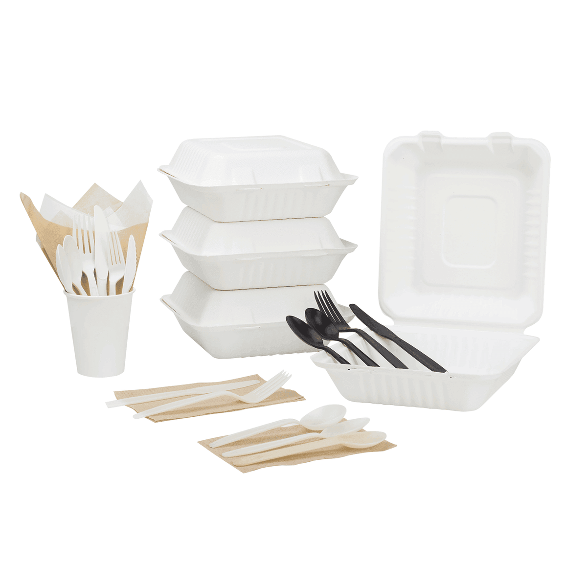 Karat Earth 8''x8'' Molded Fiber Hinged Containers, PFAS Free, White - 200 pcs