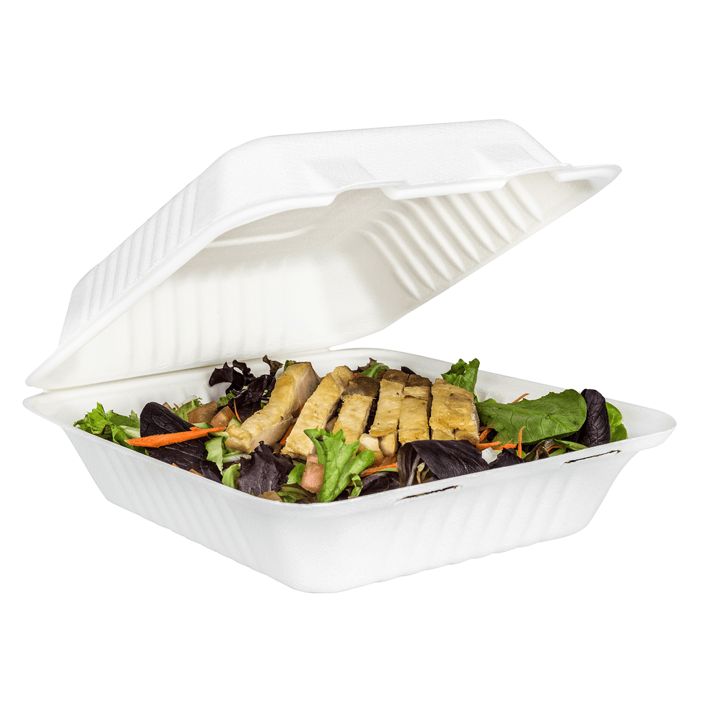 Karat Earth 8''x8'' Molded Fiber Hinged Containers, PFAS Free, White - 200 pcs