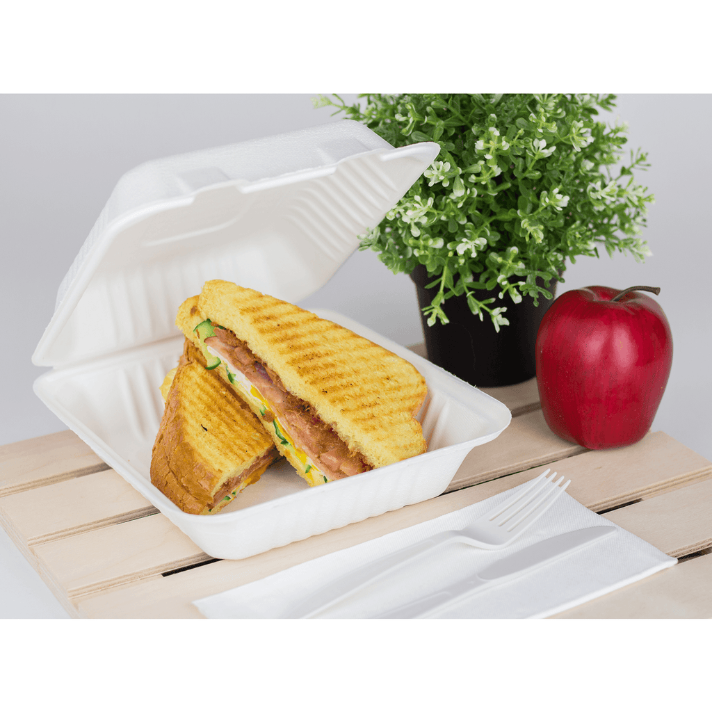 Karat Earth 8''x8'' Molded Fiber Hinged Containers, PFAS Free, White - 200 pcs