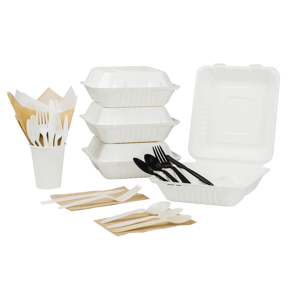 Karat Earth 3 Compartments, 8''x8'' Molded Fiber Hinged Containers, PFAS Free, White - 200 pcs