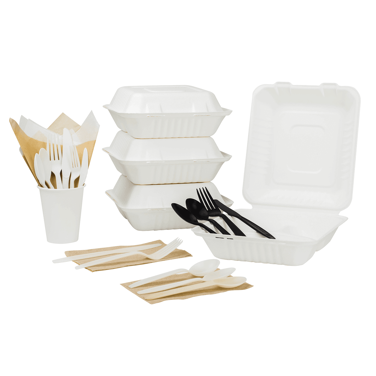 Karat Earth 3 Compartments, 8''x8'' Molded Fiber Hinged Containers, PFAS Free, White - 200 pcs