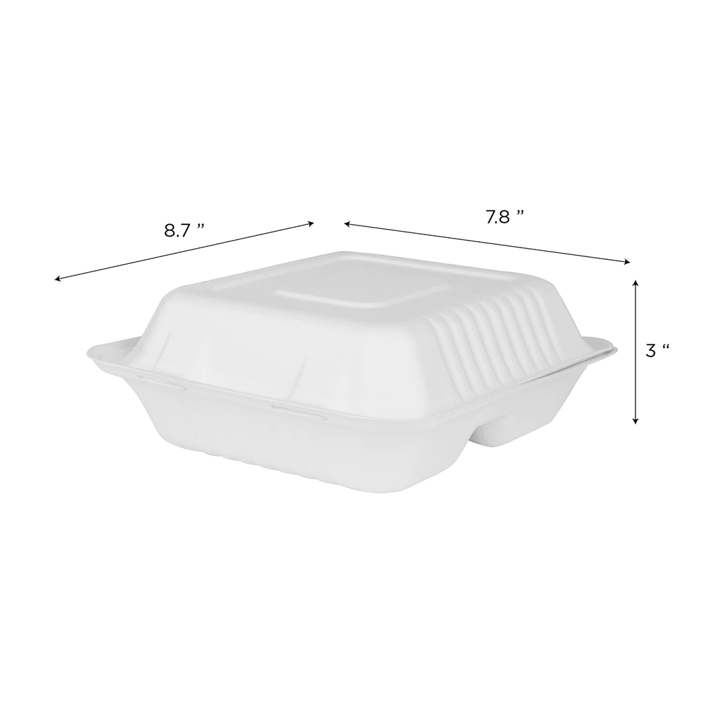 Karat Earth 3 Compartments, 8''x8'' Molded Fiber Hinged Containers, PFAS Free, White - 200 pcs