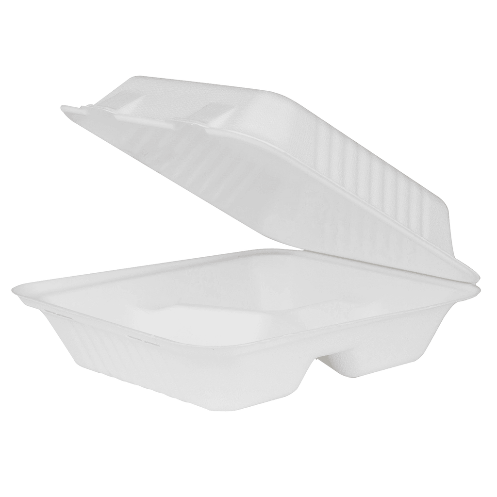 Karat Earth 3 Compartments, 8''x8'' Molded Fiber Hinged Containers, PFAS Free, White - 200 pcs