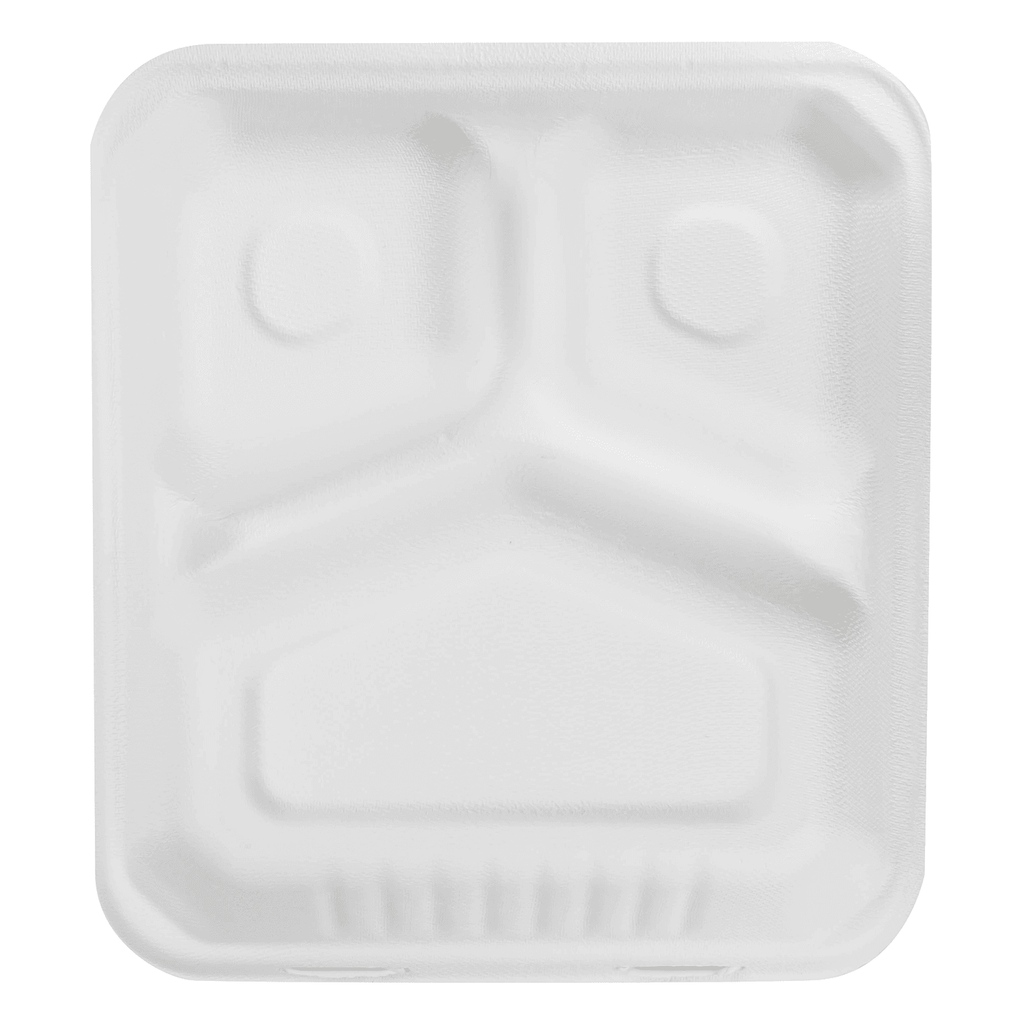 Karat Earth 3 Compartments, 8''x8'' Molded Fiber Hinged Containers, PFAS Free, White - 200 pcs