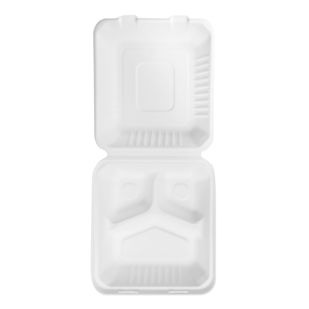 Karat Earth 3 Compartments, 8''x8'' Molded Fiber Hinged Containers, PFAS Free, White - 200 pcs