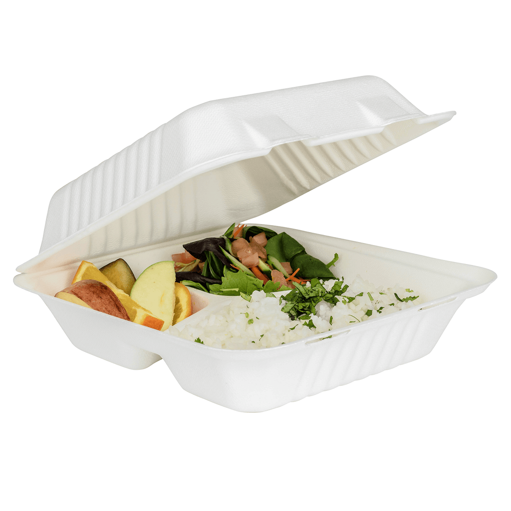 Karat Earth 3 Compartments, 8''x8'' Molded Fiber Hinged Containers, PFAS Free, White - 200 pcs