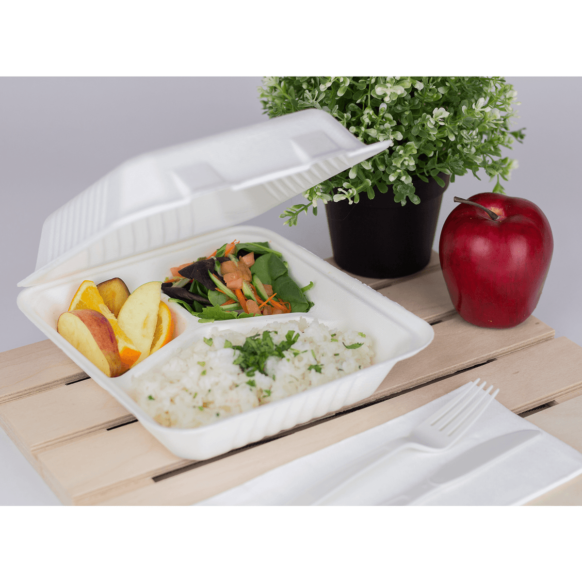 Karat Earth 3 Compartments, 8''x8'' Molded Fiber Hinged Containers, PFAS Free, White - 200 pcs