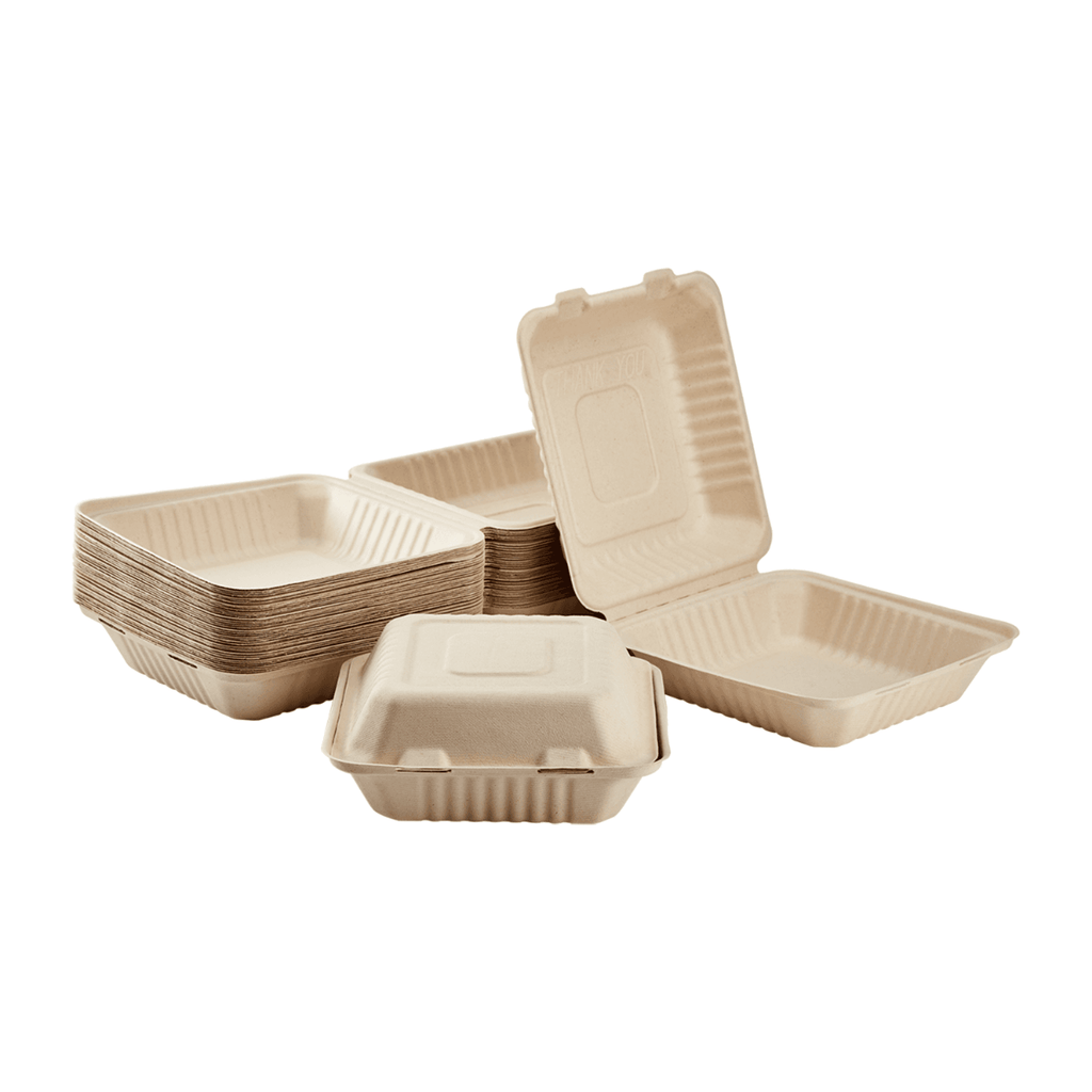 Karat Earth 8''x8'' Molded Fiber Hinged Containers, PFAS Free, Natural - 200 pcs