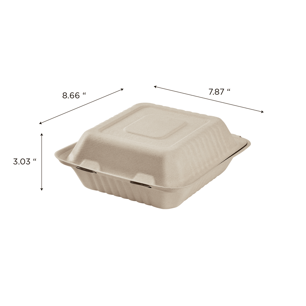 Karat Earth 8''x8'' Molded Fiber Hinged Containers, PFAS Free, Natural - 200 pcs